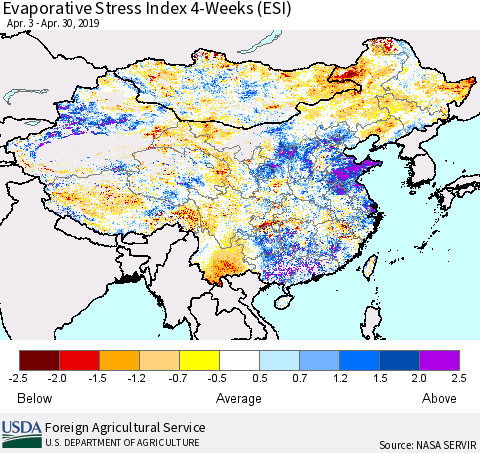China and Taiwan Evaporative Stress Index (ESI), 4-Weeks Thematic Map For 4/29/2019 - 5/5/2019