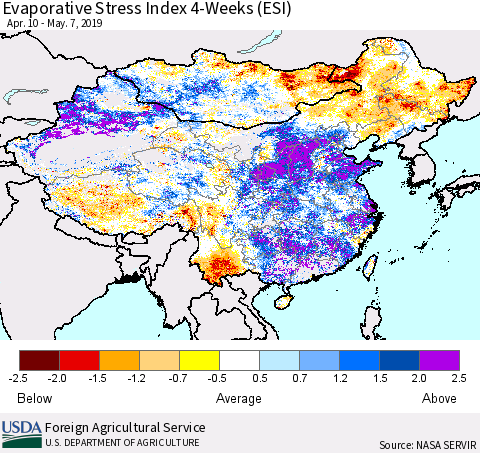 China and Taiwan Evaporative Stress Index 4-Weeks (ESI) Thematic Map For 5/6/2019 - 5/12/2019