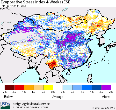 China, Mongolia and Taiwan Evaporative Stress Index (ESI), 4-Weeks Thematic Map For 5/13/2019 - 5/19/2019