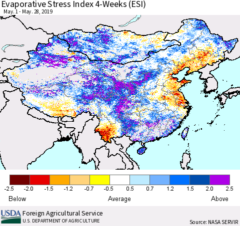 China and Taiwan Evaporative Stress Index (ESI), 4-Weeks Thematic Map For 5/27/2019 - 6/2/2019