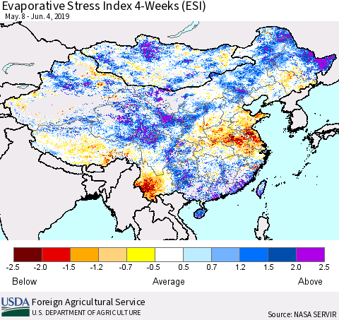China and Taiwan Evaporative Stress Index 4-Weeks (ESI) Thematic Map For 6/3/2019 - 6/9/2019