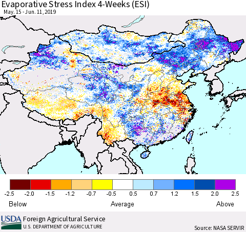 China and Taiwan Evaporative Stress Index 4-Weeks (ESI) Thematic Map For 6/10/2019 - 6/16/2019