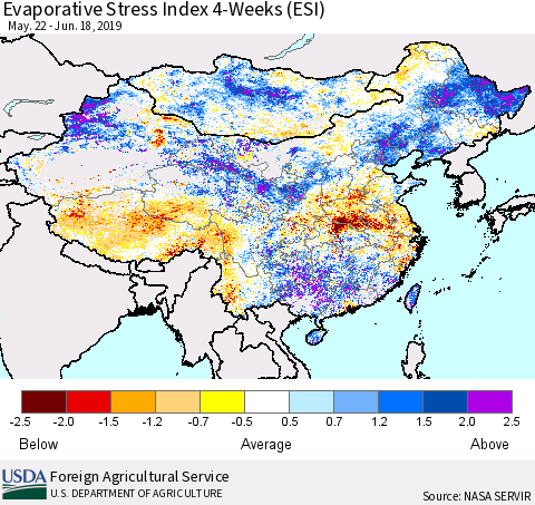 China and Taiwan Evaporative Stress Index 4-Weeks (ESI) Thematic Map For 6/17/2019 - 6/23/2019