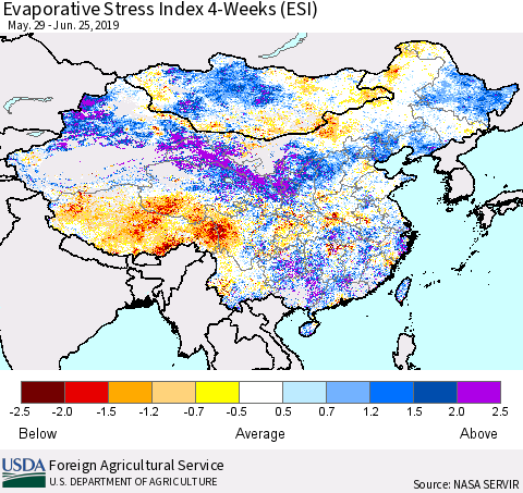 China and Taiwan Evaporative Stress Index (ESI), 4-Weeks Thematic Map For 6/24/2019 - 6/30/2019