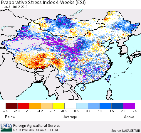 China and Taiwan Evaporative Stress Index 4-Weeks (ESI) Thematic Map For 7/1/2019 - 7/7/2019