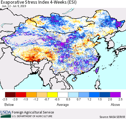 China and Taiwan Evaporative Stress Index (ESI), 4-Weeks Thematic Map For 7/8/2019 - 7/14/2019