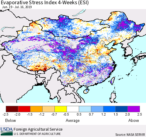 China, Mongolia and Taiwan Evaporative Stress Index (ESI), 4-Weeks Thematic Map For 7/15/2019 - 7/21/2019