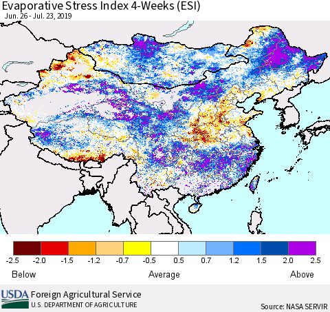China and Taiwan Evaporative Stress Index (ESI), 4-Weeks Thematic Map For 7/22/2019 - 7/28/2019