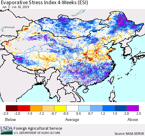 China and Taiwan Evaporative Stress Index (ESI), 4-Weeks Thematic Map For 7/29/2019 - 8/4/2019