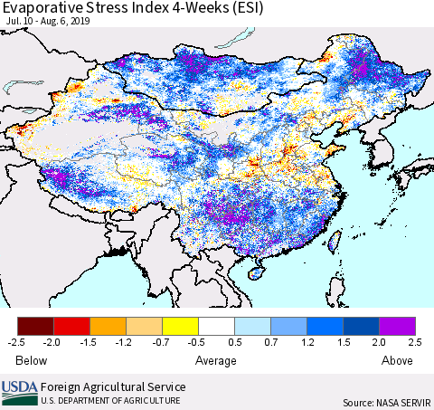 China, Mongolia and Taiwan Evaporative Stress Index (ESI), 4-Weeks Thematic Map For 8/5/2019 - 8/11/2019