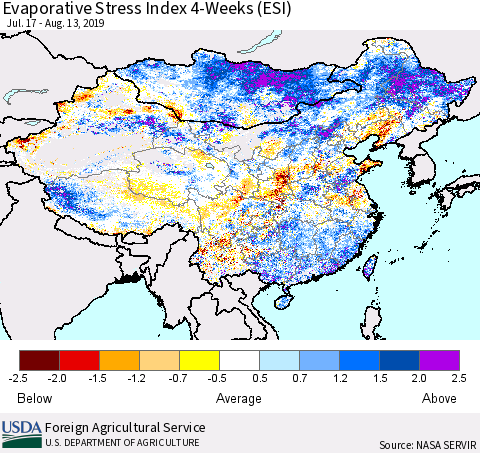 China, Mongolia and Taiwan Evaporative Stress Index (ESI), 4-Weeks Thematic Map For 8/12/2019 - 8/18/2019