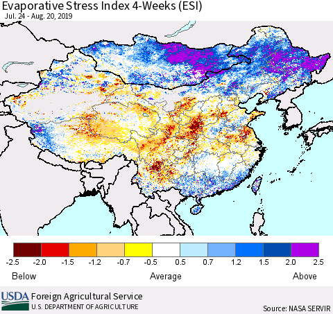 China and Taiwan Evaporative Stress Index 4-Weeks (ESI) Thematic Map For 8/19/2019 - 8/25/2019