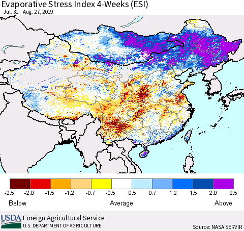 China and Taiwan Evaporative Stress Index 4-Weeks (ESI) Thematic Map For 8/26/2019 - 9/1/2019