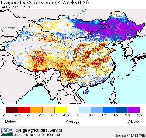 China, Mongolia and Taiwan Evaporative Stress Index (ESI), 4-Weeks Thematic Map For 9/2/2019 - 9/8/2019