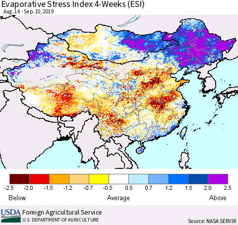 China and Taiwan Evaporative Stress Index (ESI), 4-Weeks Thematic Map For 9/9/2019 - 9/15/2019