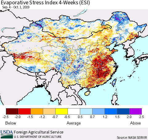 China and Taiwan Evaporative Stress Index 4-Weeks (ESI) Thematic Map For 9/30/2019 - 10/6/2019