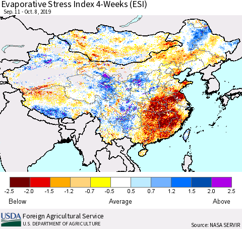 China, Mongolia and Taiwan Evaporative Stress Index (ESI), 4-Weeks Thematic Map For 10/7/2019 - 10/13/2019