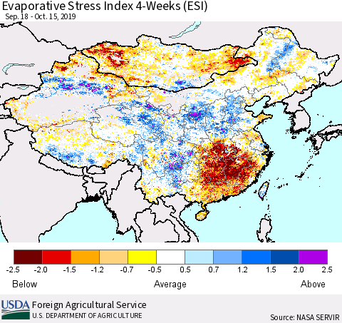 China and Taiwan Evaporative Stress Index 4-Weeks (ESI) Thematic Map For 10/14/2019 - 10/20/2019