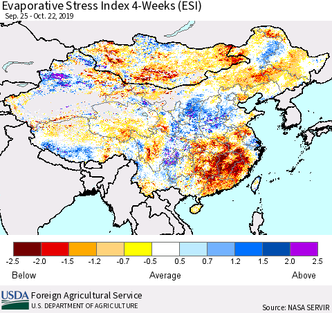 China, Mongolia and Taiwan Evaporative Stress Index (ESI), 4-Weeks Thematic Map For 10/21/2019 - 10/27/2019