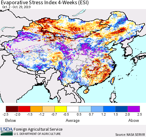 China and Taiwan Evaporative Stress Index 4-Weeks (ESI) Thematic Map For 10/28/2019 - 11/3/2019