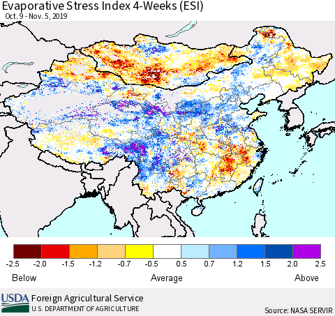 China, Mongolia and Taiwan Evaporative Stress Index (ESI), 4-Weeks Thematic Map For 11/4/2019 - 11/10/2019