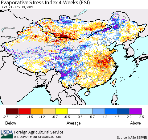China and Taiwan Evaporative Stress Index 4-Weeks (ESI) Thematic Map For 11/18/2019 - 11/24/2019