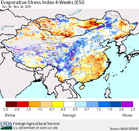 China and Taiwan Evaporative Stress Index 4-Weeks (ESI) Thematic Map For 11/25/2019 - 12/1/2019