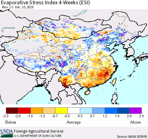 China and Taiwan Evaporative Stress Index 4-Weeks (ESI) Thematic Map For 12/9/2019 - 12/15/2019