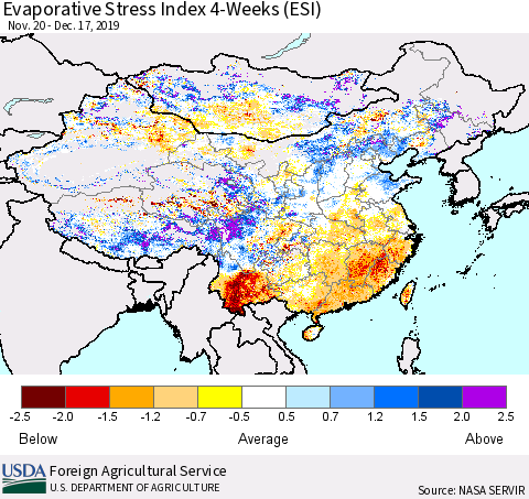 China and Taiwan Evaporative Stress Index 4-Weeks (ESI) Thematic Map For 12/16/2019 - 12/22/2019