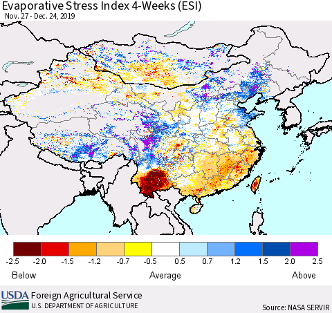 China, Mongolia and Taiwan Evaporative Stress Index (ESI), 4-Weeks Thematic Map For 12/23/2019 - 12/29/2019