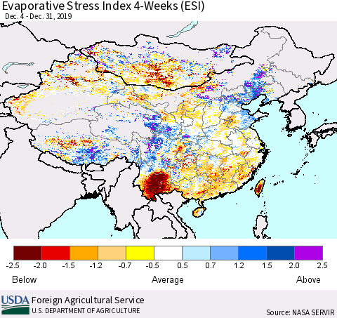 China, Mongolia and Taiwan Evaporative Stress Index (ESI), 4-Weeks Thematic Map For 12/30/2019 - 1/5/2020