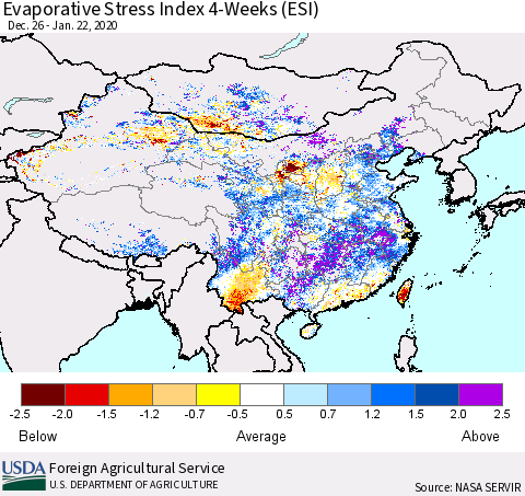 China and Taiwan Evaporative Stress Index 4-Weeks (ESI) Thematic Map For 1/20/2020 - 1/26/2020