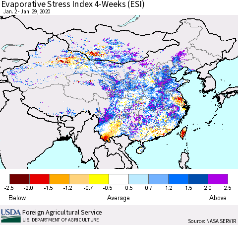 China and Taiwan Evaporative Stress Index 4-Weeks (ESI) Thematic Map For 1/27/2020 - 2/2/2020