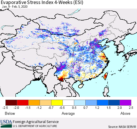China and Taiwan Evaporative Stress Index 4-Weeks (ESI) Thematic Map For 2/3/2020 - 2/9/2020