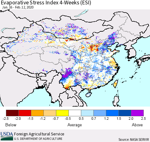 China and Taiwan Evaporative Stress Index 4-Weeks (ESI) Thematic Map For 2/10/2020 - 2/16/2020