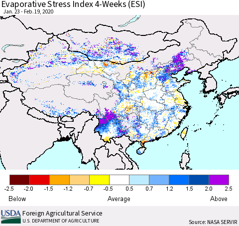 China and Taiwan Evaporative Stress Index 4-Weeks (ESI) Thematic Map For 2/17/2020 - 2/23/2020