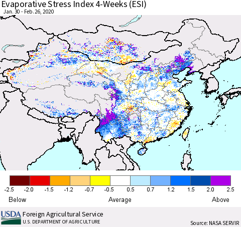 China and Taiwan Evaporative Stress Index 4-Weeks (ESI) Thematic Map For 2/24/2020 - 3/1/2020