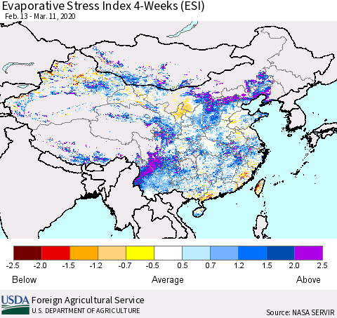 China and Taiwan Evaporative Stress Index 4-Weeks (ESI) Thematic Map For 3/9/2020 - 3/15/2020