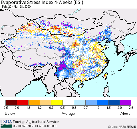 China and Taiwan Evaporative Stress Index 4-Weeks (ESI) Thematic Map For 3/16/2020 - 3/22/2020