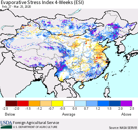 China and Taiwan Evaporative Stress Index 4-Weeks (ESI) Thematic Map For 3/23/2020 - 3/29/2020