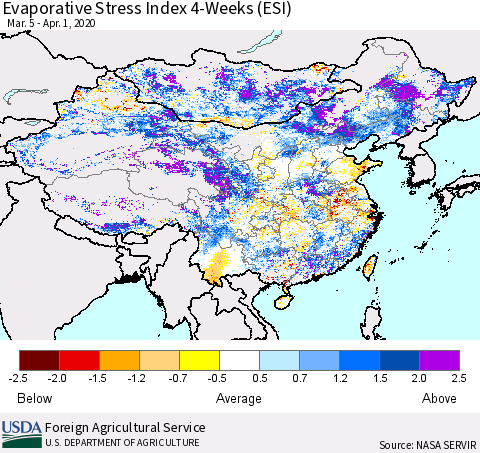 China and Taiwan Evaporative Stress Index 4-Weeks (ESI) Thematic Map For 3/30/2020 - 4/5/2020