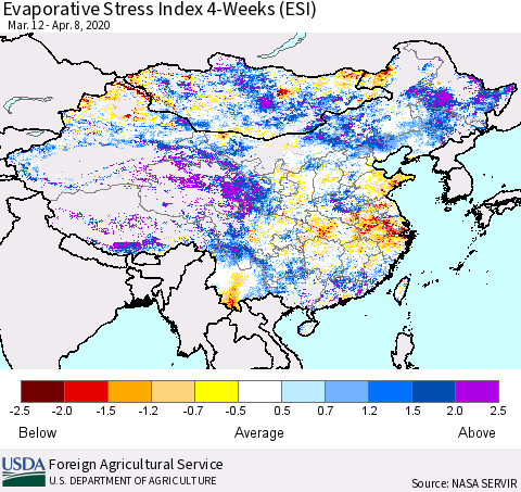 China, Mongolia and Taiwan Evaporative Stress Index (ESI), 4-Weeks Thematic Map For 4/6/2020 - 4/12/2020