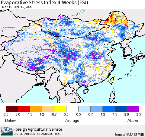 China, Mongolia and Taiwan Evaporative Stress Index (ESI), 4-Weeks Thematic Map For 4/13/2020 - 4/19/2020