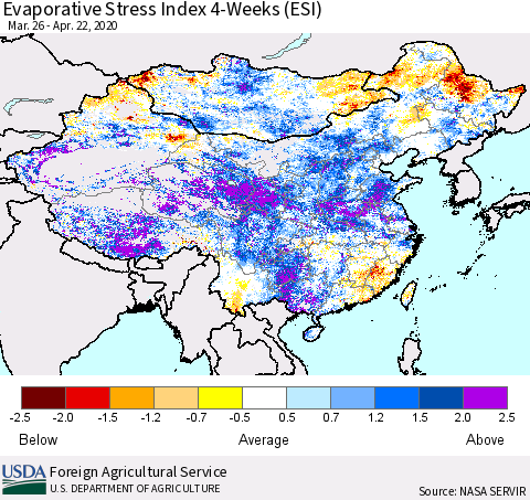 China, Mongolia and Taiwan Evaporative Stress Index (ESI), 4-Weeks Thematic Map For 4/20/2020 - 4/26/2020