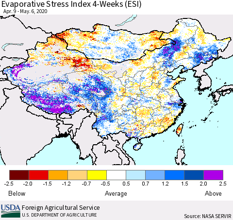 China and Taiwan Evaporative Stress Index 4-Weeks (ESI) Thematic Map For 5/4/2020 - 5/10/2020