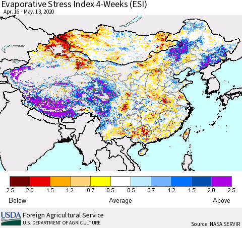 China, Mongolia and Taiwan Evaporative Stress Index (ESI), 4-Weeks Thematic Map For 5/11/2020 - 5/17/2020