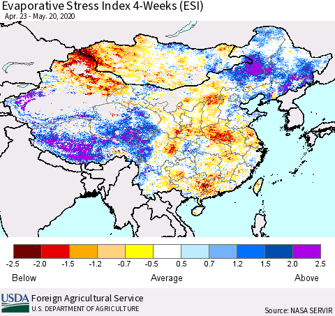China and Taiwan Evaporative Stress Index 4-Weeks (ESI) Thematic Map For 5/18/2020 - 5/24/2020