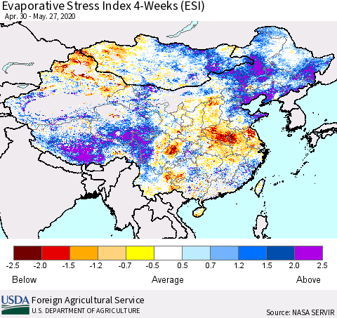 China and Taiwan Evaporative Stress Index 4-Weeks (ESI) Thematic Map For 5/25/2020 - 5/31/2020