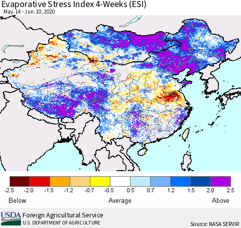 China, Mongolia and Taiwan Evaporative Stress Index (ESI), 4-Weeks Thematic Map For 6/8/2020 - 6/14/2020