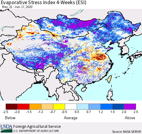 China and Taiwan Evaporative Stress Index 4-Weeks (ESI) Thematic Map For 6/15/2020 - 6/21/2020